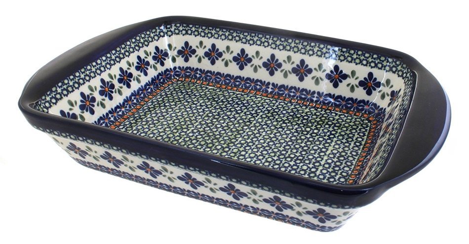 Polish Pottery Mosaic Flower Large Rectangular Baker with Handles