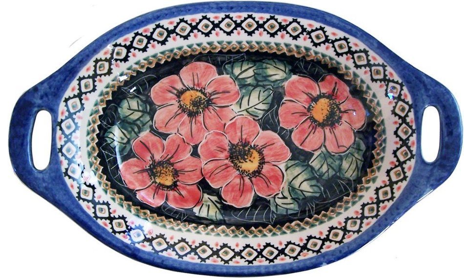 Boleslawiec Stoneware - Polish Pottery Serving or Baking Dish with Handles - Eva's Collection "Red Garden"