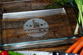 Personalized Engraved Casserole Dish with Fan Finger Number 1 Kickasserole Label | Game Day Cooking Gift