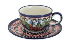 Polish Pottery Floral Butterfly Cup &amp; Saucer