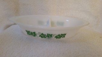Vintage Glasbake Green Ivy Milk Glass Divided Casserole Dish J-239