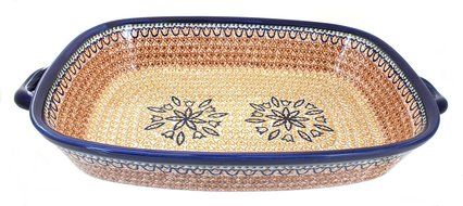 Polmedia Polish Pottery 19-inch Stoneware Rectangular Baker with Handles H5496B Hand Painted from Zaklady Ceramiczne...