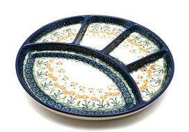 Polish Pottery Dish - Divided Appetizer - Peach Spring Daisy