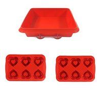 1 PCS Silicone Cake Pan (Red) + 2 PCS Silicone 6-cup Heart Shape Muffin Cake Mould (Red)
