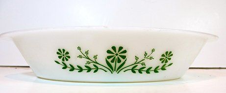 Vintage Glasbake Divided Casserole,milkglass,green Flowers,oval,sz.12"l X 8.5"w