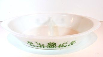 Vintage Glasbake Divided Casserole,milkglass,green Flowers,oval,sz.12"l X 8.5"w N2