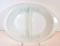 Vintage Glasbake Divided Casserole,milkglass,green Flowers,oval,sz.12"l X 8.5"w N3