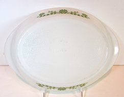 Vintage Glasbake Divided Casserole,milkglass,green Flowers,oval,sz.12"l X 8.5"w N4