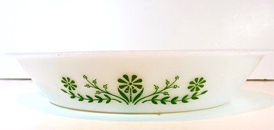 Vintage Glasbake Divided Casserole,milkglass,green Flowers,oval,sz.12"l X 8.5"w N5