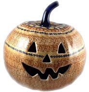 9" Polish Pottery Stoneware Pumpkin Halloween Jack-o'-lantern KLJ Unikat October Sunrise N2