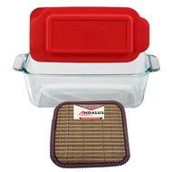 Pyrex Basics 1.5 Quart Clear Glass Loaf Dish with Red Plastic Lid, Bread and Meatloaf Pan - Includes Bamboo Hot...