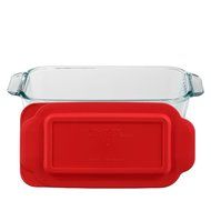 Pyrex Basics 1.5 Quart Clear Glass Loaf Dish with Red Plastic Lid, Bread and Meatloaf Pan - Includes Bamboo Hot... N2