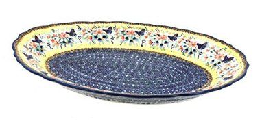 Polish Pottery Blue Butterfly Large Scallop Serving Platter