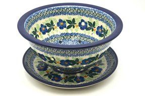 Polish Pottery Berry Bowl with Saucer - Blue Pansy