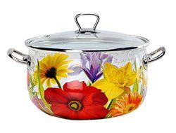 Europe Ware K15025/20 Enamel 4 quart Casserole Pan with Glass Lid and Decorative Design, Large, White/Multi