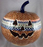 9" Polish Pottery Stoneware Pumpkin Halloween Jack-o'-lantern EOS BANDITO Unikat Early October Orange N3