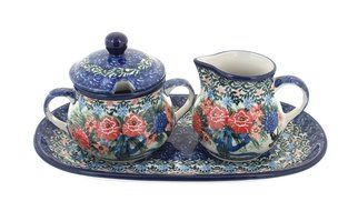 Polish Pottery Blush Bouquet Small Cream &amp; Sugar Set with Tray