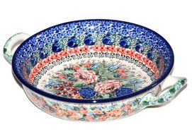 New Polish Pottery Unikat SMALL ROUND BAKER HANDLES Boleslawiec CA Pattern U3993