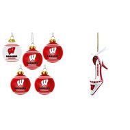 NCAA Wisconsin Badgers Plastic Christmas Ball Ornament 5 Pack Team Shoe Bundle 2 Pack By Forever Collectibles...