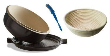 Emile Henry Ceramic Bread Cloche Charcoal, Mure Peyrot Boulange Lame, Banneton Proofing Basket Round 8 Inch Bundle