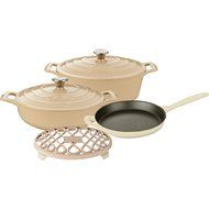 La Cuisine LC 2985 6 Piece Enameled Cast Iron Oval Casserole/Trivet Cookware Set, Cream
