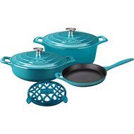 La Cuisine LC 2875 6 Piece Enameled Cast Iron Round Casserole/Trivet Cookware Set, High Gloss Teal
