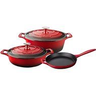La Cuisine LC 2700 5 Piece Enameled Cast Iron Oval Casserole Cookware Set, Red