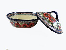 Polish Pottery Covered Casserole w/Hdls - 10 x 8 x 3" N2
