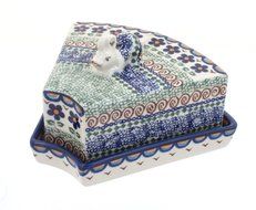 Polish Pottery Aztec Flower Cheese Dish with Mouse