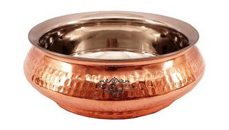 IndianCraftVilla 5.3" X 5.8" X 2.3" Handmade Steel Copper Set Of 3 Mughlai handi Volume 525 ML With Lid serving... N7