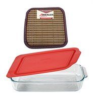 Pyrex Basics 3 Quart Glass Oblong Baking Dish with Red Plastic Lid | Lasagna Pan | 9 x 13 Inch | Includes Bamboo...