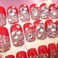 Spritech(TM) Fashion Women&#039;s 24 Pre Bling Paillette Diamond Design Fake Nail Piece Red