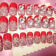 Spritech(TM) Fashion Women&#039;s 24 Pre Bling Paillette Diamond Design Fake Nail Piece Red N5