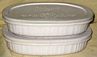 SET OF 2 - Corningware French White 15 Ounce Oval Casserole Baking Dishes w/ White Plastic Lids