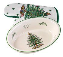 Spode Christmas Tree Deep Oval Baker with Matching Oven Mitt