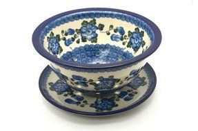 Polish Pottery Berry Bowl with Saucer - Blue Poppy