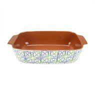 12&quot; French Countryside Decorative Green &amp; Blue Flower &amp; Cross Rectangular Terracotta Oven Baking Dish