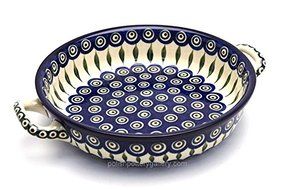 Polish Pottery Baker - Round with Handles - Large - Peacock