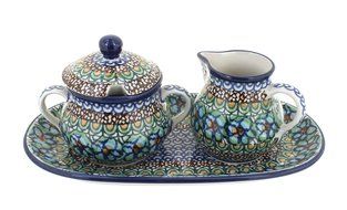 Polish Pottery Mardi Gras Small Cream &amp; Sugar Set with Tray