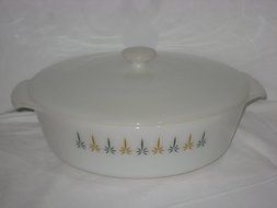 Vintage Anchor Hocking Fire-King Candle Glow Pattern 2 Quart Round Covered Casserole Baking Dish w/ Lid USA