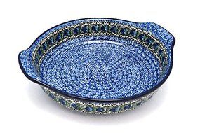 Polish Pottery Baker - Round with Grips - Large - Peacock Feather