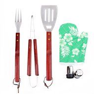 candy 7PCS Stainless Steel BBQ Grill Tools Set Barbecue Accessories with Aprons Hard Wood Handles N3