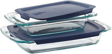 Pyrex Easy Grab 4-Piece Value Pack, includes 1-ea 3-qt Oblong, 2-qtOblong, Red Plastic Covers N2