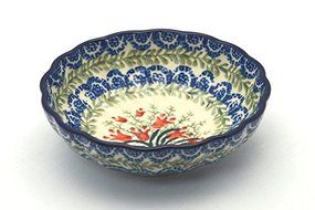 Polish Pottery Bowl - Shallow Scalloped - Small - Crimson Bells