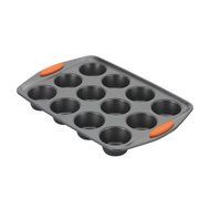 Rachael Ray Yum-o! Nonstick Bakeware 12-Cup Oven Lovin' Muffin and Cupcake Pan, Gray with Orange Handles