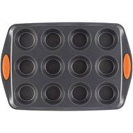 Rachael Ray Yum-o! Nonstick Bakeware 12-Cup Oven Lovin' Muffin and Cupcake Pan, Gray with Orange Handles N2