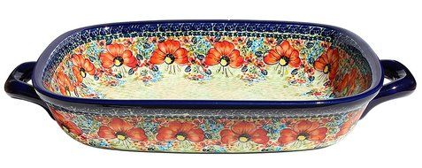 Polish Pottery Baking Dish with Handles From Zaklady Ceramiczne Boleslawiec #1345-296 Art Signature Unikat Pattern...