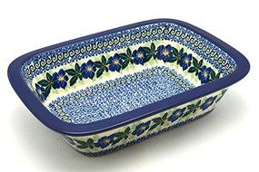 Polish Pottery Baker - Rectangular with Grip Lip - Blue Pansy