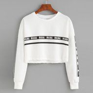 AIMTOPPY Fashion Women Letter Print Crop Sweatshirt Top Casual Long Sleeve Blouse White (XL, white) N2