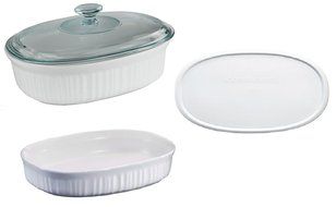 French White Oval Casserole Bundle: 1.5 Quart, 2.5 Quart, Glass Lid, and Plastic Lid